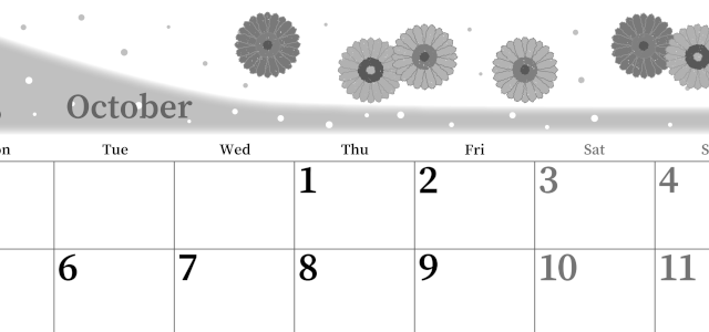 2026年10月横型モノクロの月曜始まり ダリアの花イラストのおしゃれA4無料白黒カレンダー(2026-00391001)