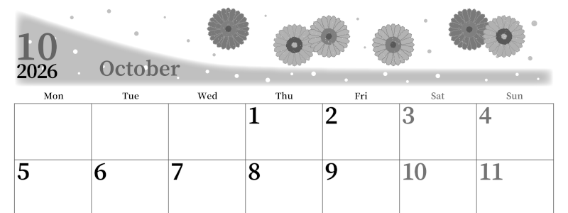 2026年10月横型モノクロの月曜始まり ダリアの花イラストのおしゃれA4無料白黒カレンダー(2026-00391001)
