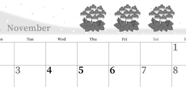 2026年11月横型モノクロの月曜始まり シクラメンがおしゃれなイラストA4無料白黒カレンダー(2026-00391101)