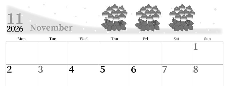 2026年11月横型モノクロの月曜始まり シクラメンがおしゃれなイラストA4無料白黒カレンダー(2026-00391101)