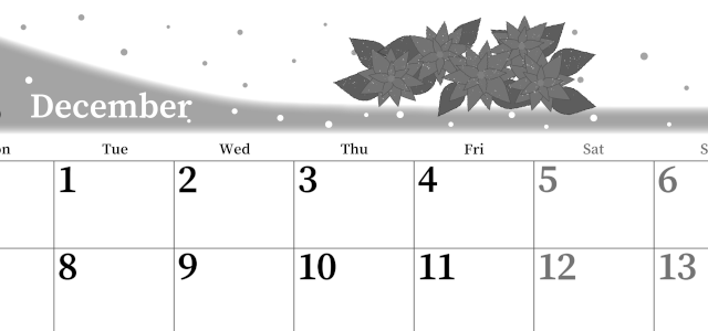 2026年12月横型モノクロの月曜始まり ポインセチアがおしゃれなイラストA4無料白黒カレンダー(2026-00391201)