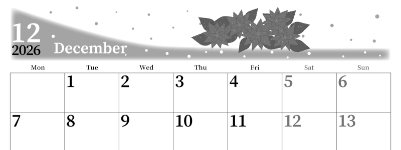 2026年12月横型モノクロの月曜始まり ポインセチアがおしゃれなイラストA4無料白黒カレンダー(2026-00391201)