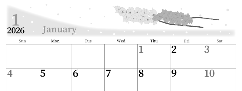 2026年1月横型モノクロの日曜始まり 花イラストのおしゃれA4無料白黒カレンダー(2026-00390100)