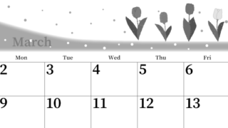 2026年3月横型モノクロの日曜始まり チューリップイラストのおしゃれA4無料白黒カレンダー(2026-00390300)