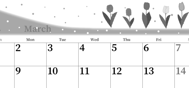 2026年3月横型モノクロの日曜始まり チューリップイラストのおしゃれA4無料白黒カレンダー(2026-00390300)