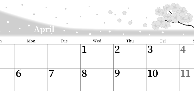 2026年4月横型モノクロの日曜始まり 春のイラストのおしゃれA4無料白黒カレンダー(2026-00390400)