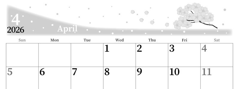 2026年4月横型モノクロの日曜始まり 春のイラストのおしゃれA4無料白黒カレンダー(2026-00390400)