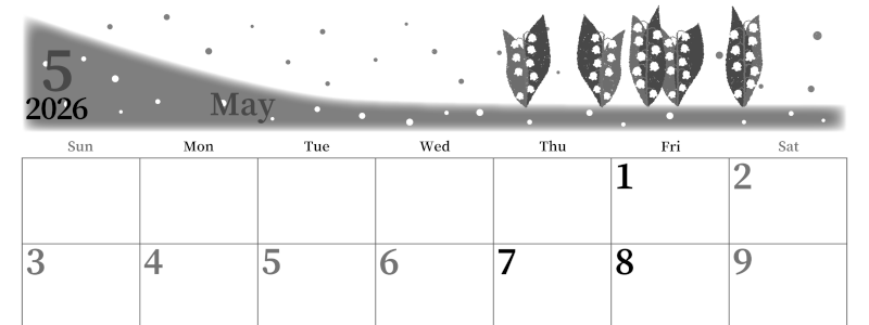 2026年5月横型モノクロの日曜始まり 草花イラストのおしゃれA4無料白黒カレンダー(2026-00390500)