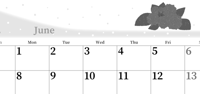 2026年6月横型モノクロの日曜始まり 薔薇イラストのおしゃれA4無料白黒カレンダー(2026-00390600)