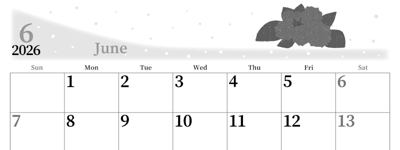 2026年6月横型モノクロの日曜始まり 薔薇イラストのおしゃれA4無料白黒カレンダー(2026-00390600)