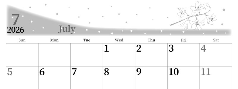 2026年7月横型モノクロの日曜始まり 白ユリのイラストがおしゃれなA4無料白黒カレンダー(2026-00390700)