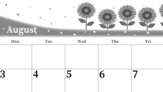 2026年8月横型モノクロの日曜始まり 季節の花イラストのおしゃれA4無料白黒カレンダー(2026-00390800)