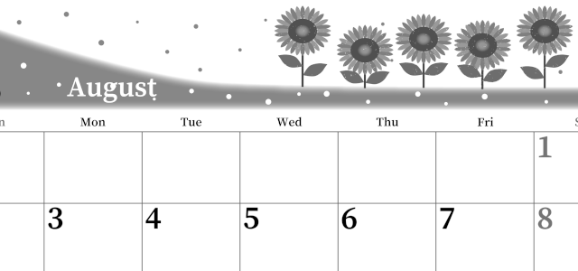 2026年8月横型モノクロの日曜始まり 季節の花イラストのおしゃれA4無料白黒カレンダー(2026-00390800)