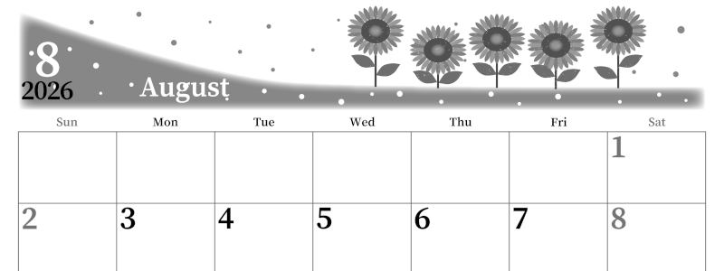 2026年8月横型モノクロの日曜始まり 季節の花イラストのおしゃれA4無料白黒カレンダー(2026-00390800)