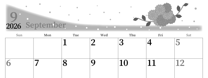 2026年9月横型モノクロの日曜始まり マリーゴールドがおしゃれなイラストA4無料白黒カレンダー(2026-00390900)