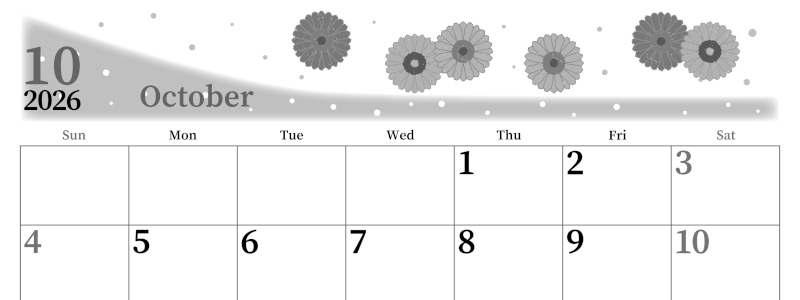 2026年10月横型モノクロの日曜始まり ダリアの花イラストのおしゃれA4無料白黒カレンダー(2026-00391000)