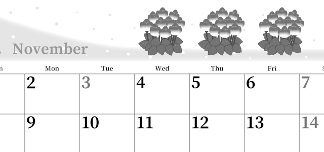 2026年11月横型モノクロの日曜始まり シクラメンがおしゃれなイラストA4無料白黒カレンダー(2026-00391100)