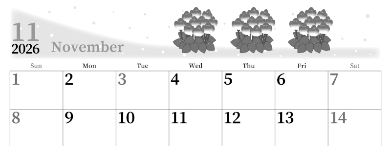 2026年11月横型モノクロの日曜始まり シクラメンがおしゃれなイラストA4無料白黒カレンダー(2026-00391100)