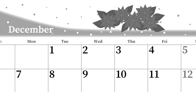 2026年12月横型モノクロの日曜始まり ポインセチアがおしゃれなイラストA4無料白黒カレンダー(2026-00391200)