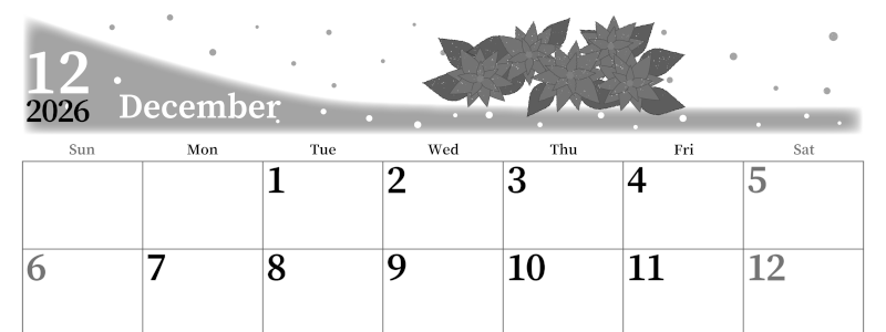 2026年12月横型モノクロの日曜始まり ポインセチアがおしゃれなイラストA4無料白黒カレンダー(2026-00391200)