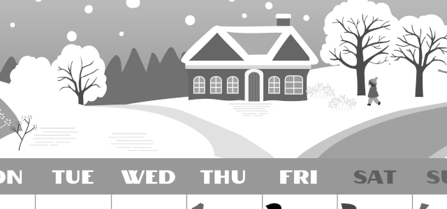 2026年1月縦型モノクロの月曜始まり 北欧デザインイラストのかわいいA4無料白黒カレンダー(2026-00400111)