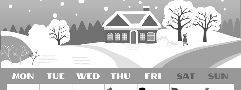 2026年1月縦型モノクロの月曜始まり 北欧デザインイラストのかわいいA4無料白黒カレンダー(2026-00400111)