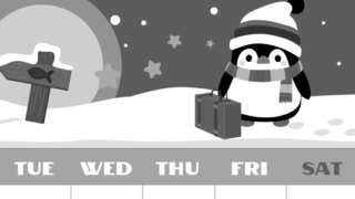 2026年2月縦型モノクロの月曜始まり ペンギンのイラストがかわいいA4無料白黒カレンダー(2026-00400211)