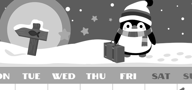 2026年2月縦型モノクロの月曜始まり ペンギンのイラストがかわいいA4無料白黒カレンダー(2026-00400211)