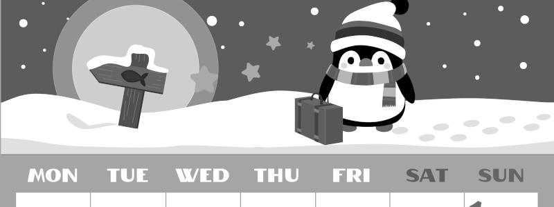 2026年2月縦型モノクロの月曜始まり ペンギンのイラストがかわいいA4無料白黒カレンダー(2026-00400211)