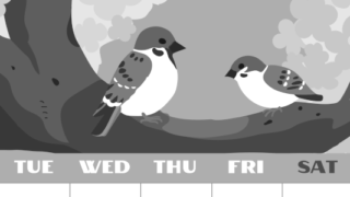 2026年3月縦型モノクロの月曜始まり 桜と雀のイラストのかわいいA4無料白黒カレンダー(2026-00400311)