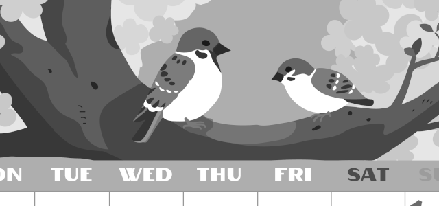 2026年3月縦型モノクロの月曜始まり 桜と雀のイラストのかわいいA4無料白黒カレンダー(2026-00400311)