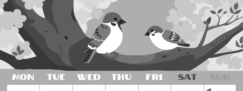 2026年3月縦型モノクロの月曜始まり 桜と雀のイラストのかわいいA4無料白黒カレンダー(2026-00400311)