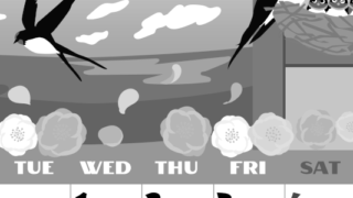 2026年4月縦型モノクロの月曜始まり ツバメのイラストがかわいいA4無料白黒カレンダー(2026-00400411)