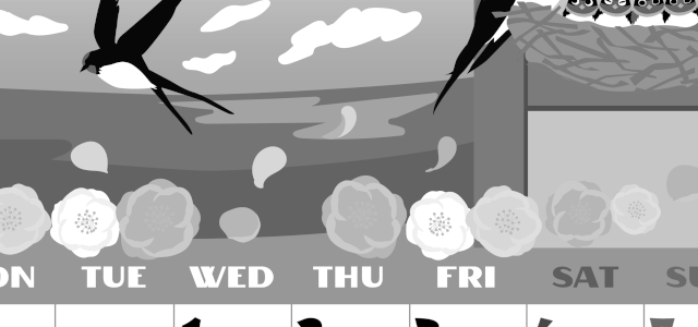 2026年4月縦型モノクロの月曜始まり ツバメのイラストがかわいいA4無料白黒カレンダー(2026-00400411)