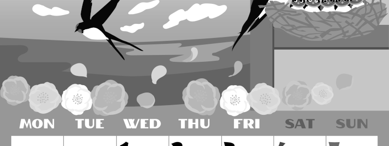 2026年4月縦型モノクロの月曜始まり ツバメのイラストがかわいいA4無料白黒カレンダー(2026-00400411)