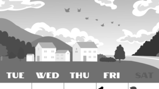 2026年5月縦型モノクロの月曜始まり 村のイラストのかわいいA4無料白黒カレンダー(2026-00400511)