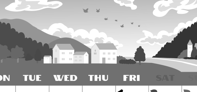 2026年5月縦型モノクロの月曜始まり 村のイラストのかわいいA4無料白黒カレンダー(2026-00400511)