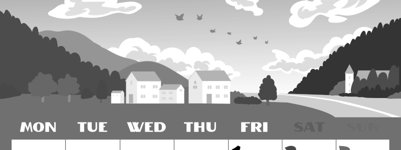 2026年5月縦型モノクロの月曜始まり 村のイラストのかわいいA4無料白黒カレンダー(2026-00400511)