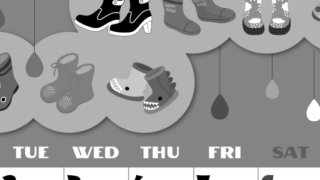 2026年6月縦型モノクロの月曜始まり 長靴イラストのかわいいA4無料白黒カレンダー(2026-00400611)