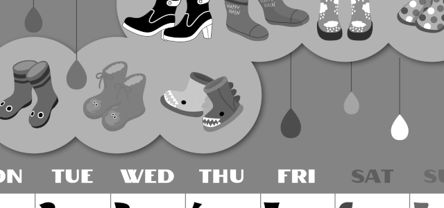 2026年6月縦型モノクロの月曜始まり 長靴イラストのかわいいA4無料白黒カレンダー(2026-00400611)