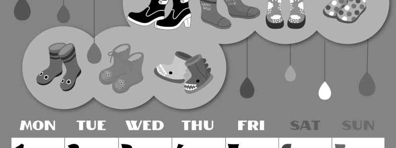 2026年6月縦型モノクロの月曜始まり 長靴イラストのかわいいA4無料白黒カレンダー(2026-00400611)