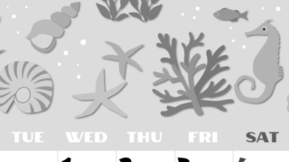 2026年7月縦型モノクロの月曜始まり 海の生き物イラストがかわいいA4無料白黒カレンダー(2026-00400711)