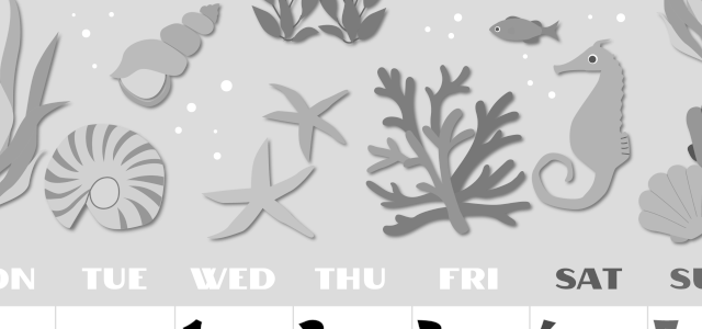 2026年7月縦型モノクロの月曜始まり 海の生き物イラストがかわいいA4無料白黒カレンダー(2026-00400711)