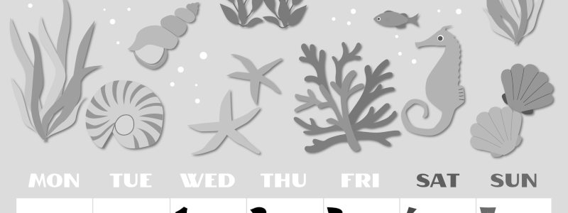 2026年7月縦型モノクロの月曜始まり 海の生き物イラストがかわいいA4無料白黒カレンダー(2026-00400711)