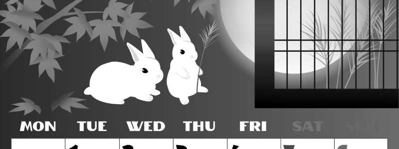 2026年9月縦型モノクロの月曜始まり うさぎイラストのかわいいA4無料白黒カレンダー(2026-00400911)