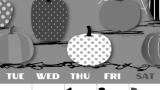 2026年10月縦型モノクロの月曜始まり パンプキンがかわいいイラストA4無料白黒カレンダー(2026-00401011)