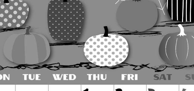 2026年10月縦型モノクロの月曜始まり パンプキンがかわいいイラストA4無料白黒カレンダー(2026-00401011)