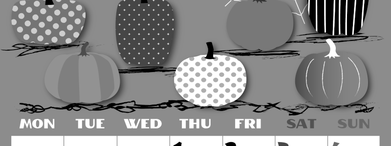 2026年10月縦型モノクロの月曜始まり パンプキンがかわいいイラストA4無料白黒カレンダー(2026-00401011)