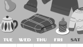 2026年11月縦型モノクロの月曜始まり セーターがかわいいイラストA4無料白黒カレンダー(2026-00401111)