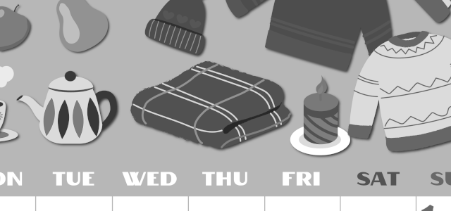 2026年11月縦型モノクロの月曜始まり セーターがかわいいイラストA4無料白黒カレンダー(2026-00401111)